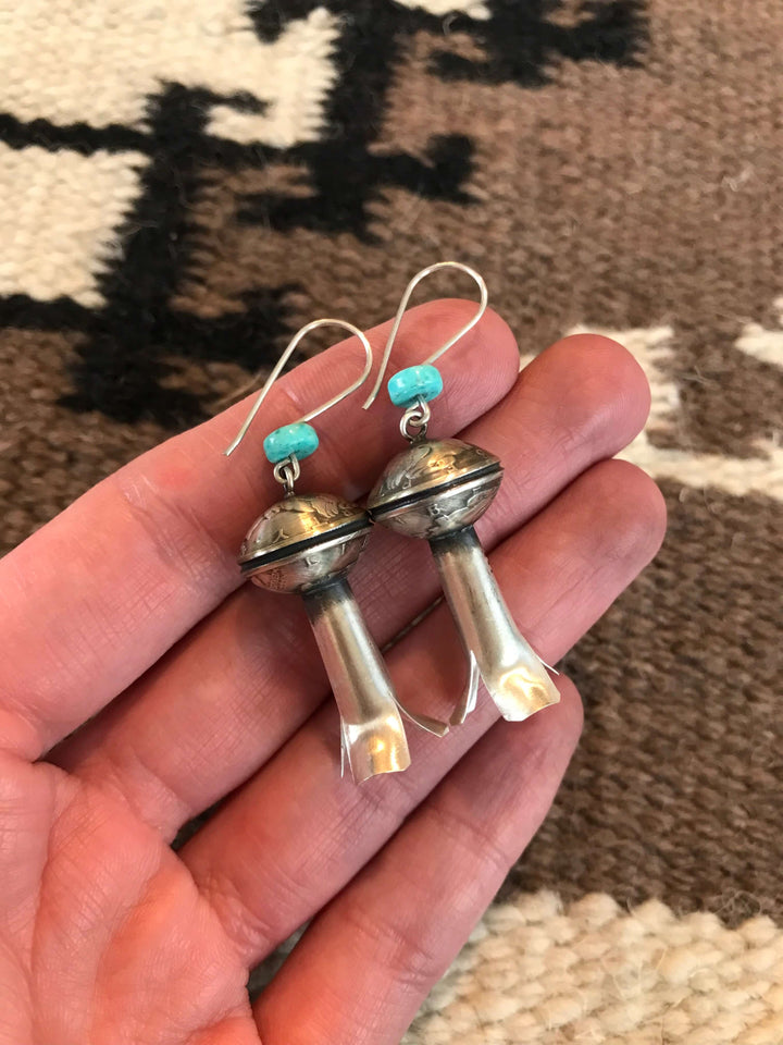 The Turquoise and Dime Blossom Earrings-Earrings-Calli Co., Turquoise and Silver Jewelry, Native American Handmade, Zuni Tribe, Navajo Tribe, Brock Texas