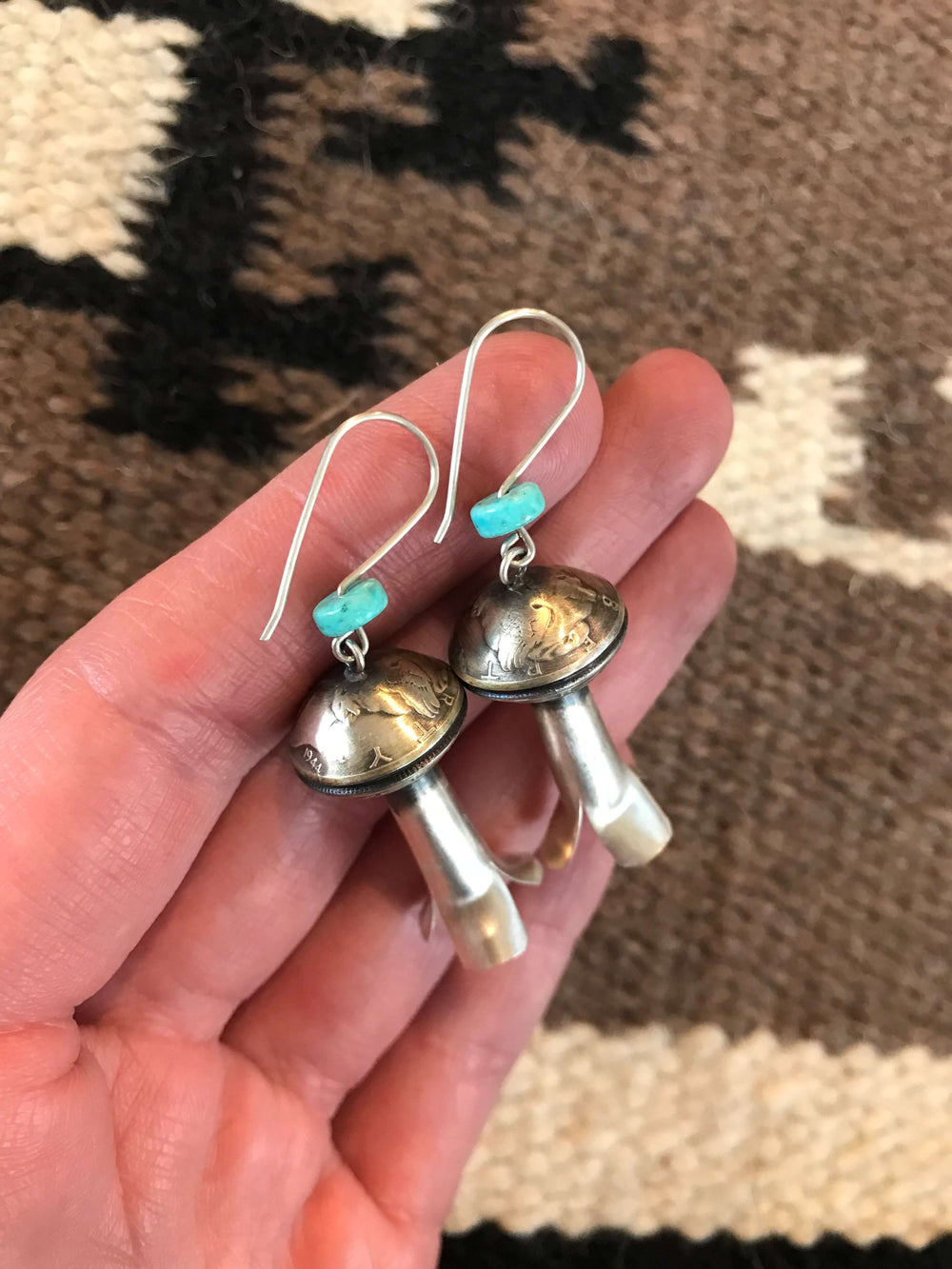 The Turquoise and Dime Blossom Earrings-Earrings-Calli Co., Turquoise and Silver Jewelry, Native American Handmade, Zuni Tribe, Navajo Tribe, Brock Texas