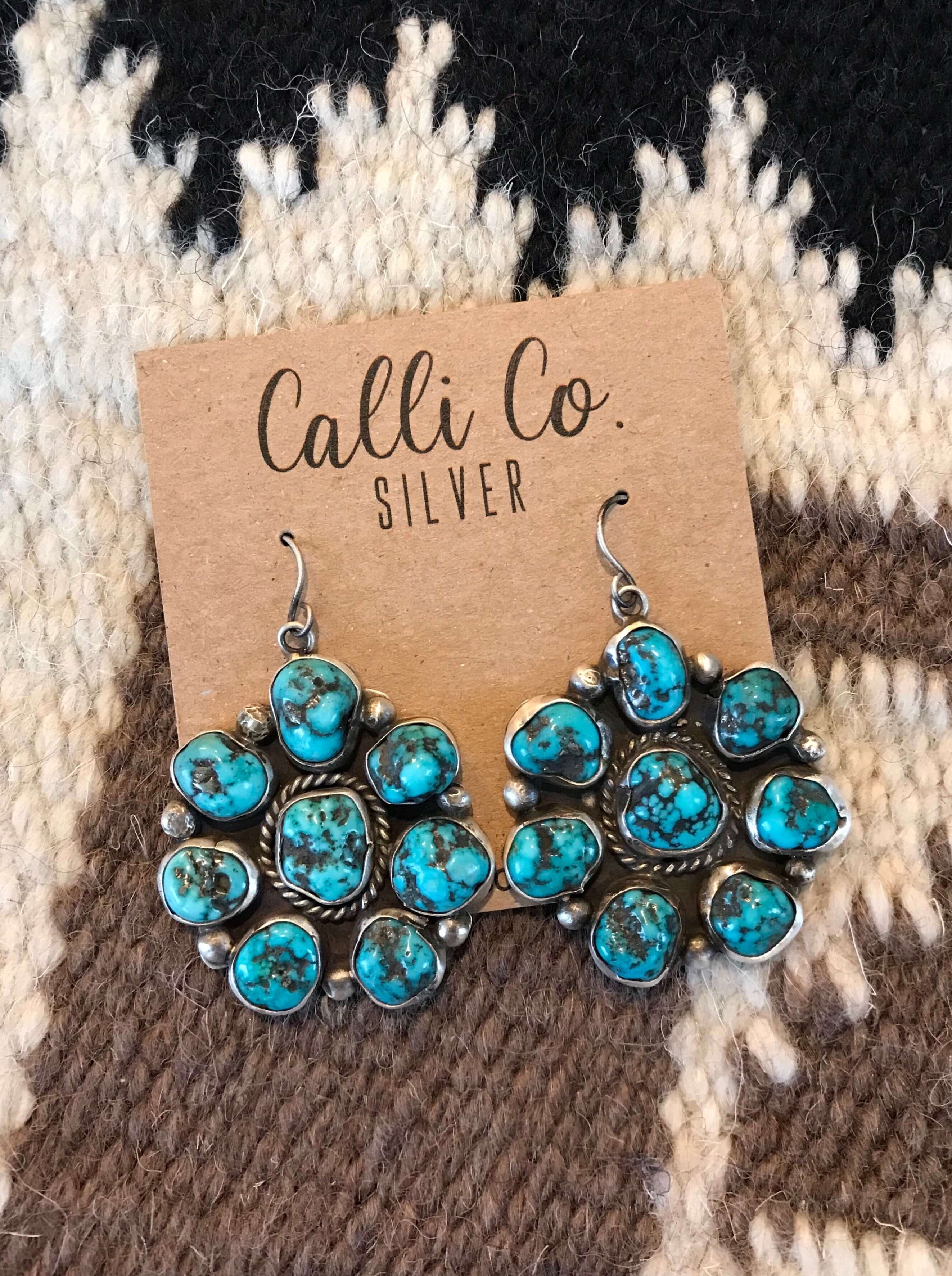 The Gering Turquoise Cluster Earrings-Earrings-Calli Co., Turquoise and Silver Jewelry, Native American Handmade, Zuni Tribe, Navajo Tribe, Brock Texas