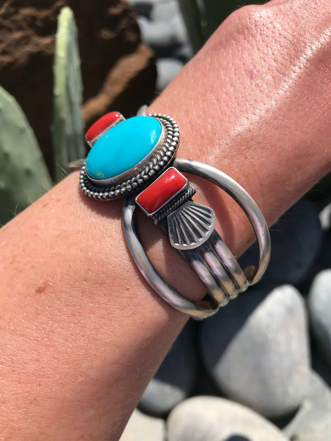 The Dunton Turquoise and Coral Cuff-Bracelets & Cuffs-Calli Co., Turquoise and Silver Jewelry, Native American Handmade, Zuni Tribe, Navajo Tribe, Brock Texas
