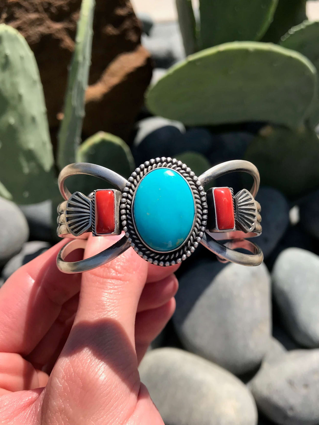 The Dunton Turquoise and Coral Cuff-Bracelets & Cuffs-Calli Co., Turquoise and Silver Jewelry, Native American Handmade, Zuni Tribe, Navajo Tribe, Brock Texas