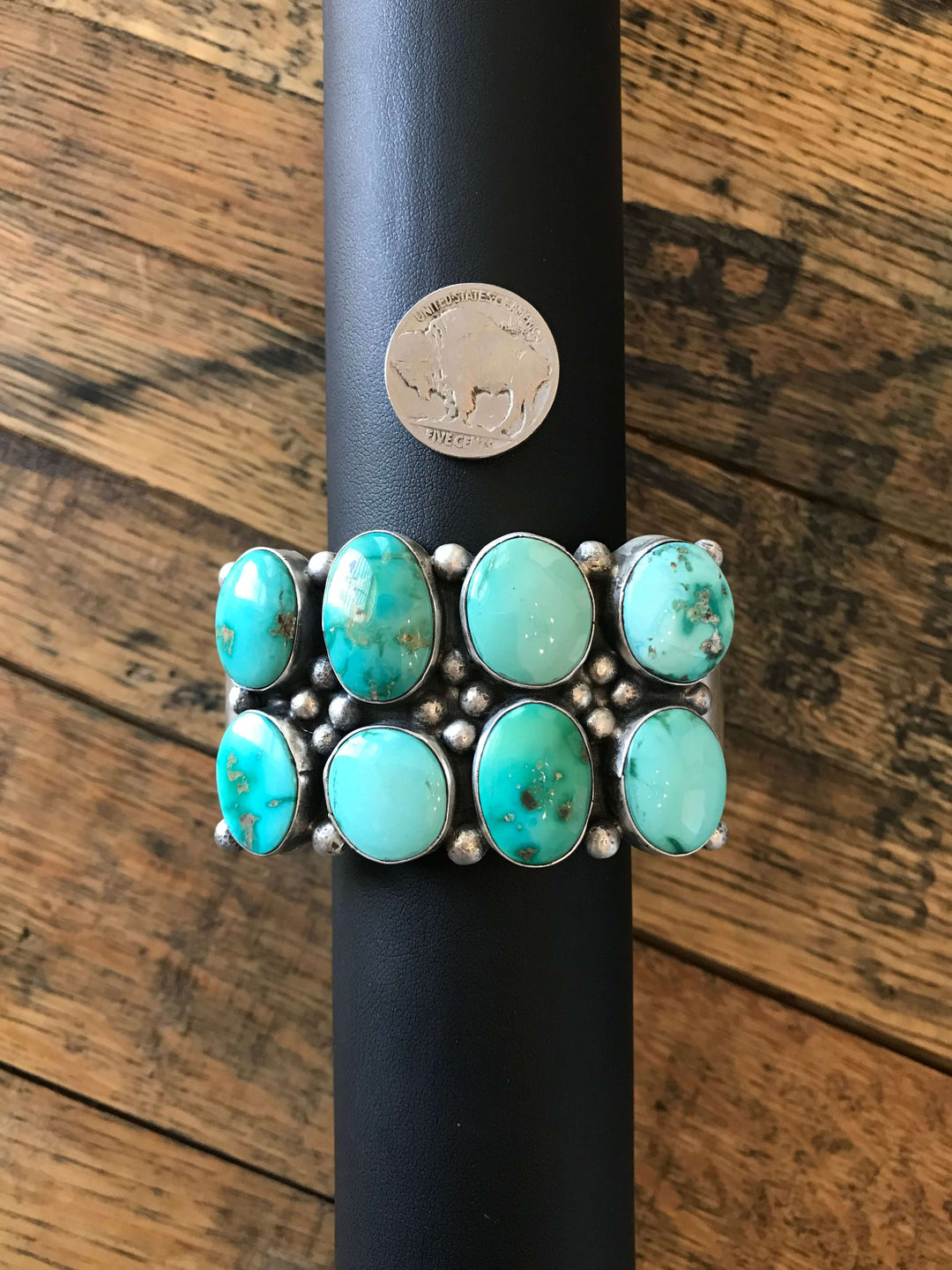 The War Wagon Turquoise Cuff, 1-Bracelets & Cuffs-Calli Co., Turquoise and Silver Jewelry, Native American Handmade, Zuni Tribe, Navajo Tribe, Brock Texas